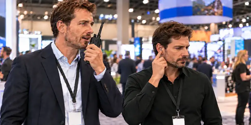 Event staff talking on Motorola radios with earpieces at a convention center
