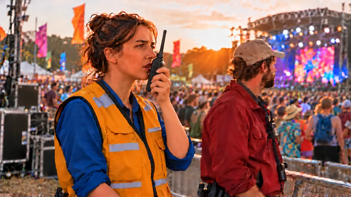 Event staff using a radio at an outdoor music festival
