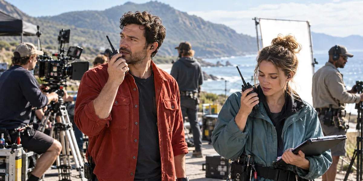 Film crew members talking on two-way radios on location